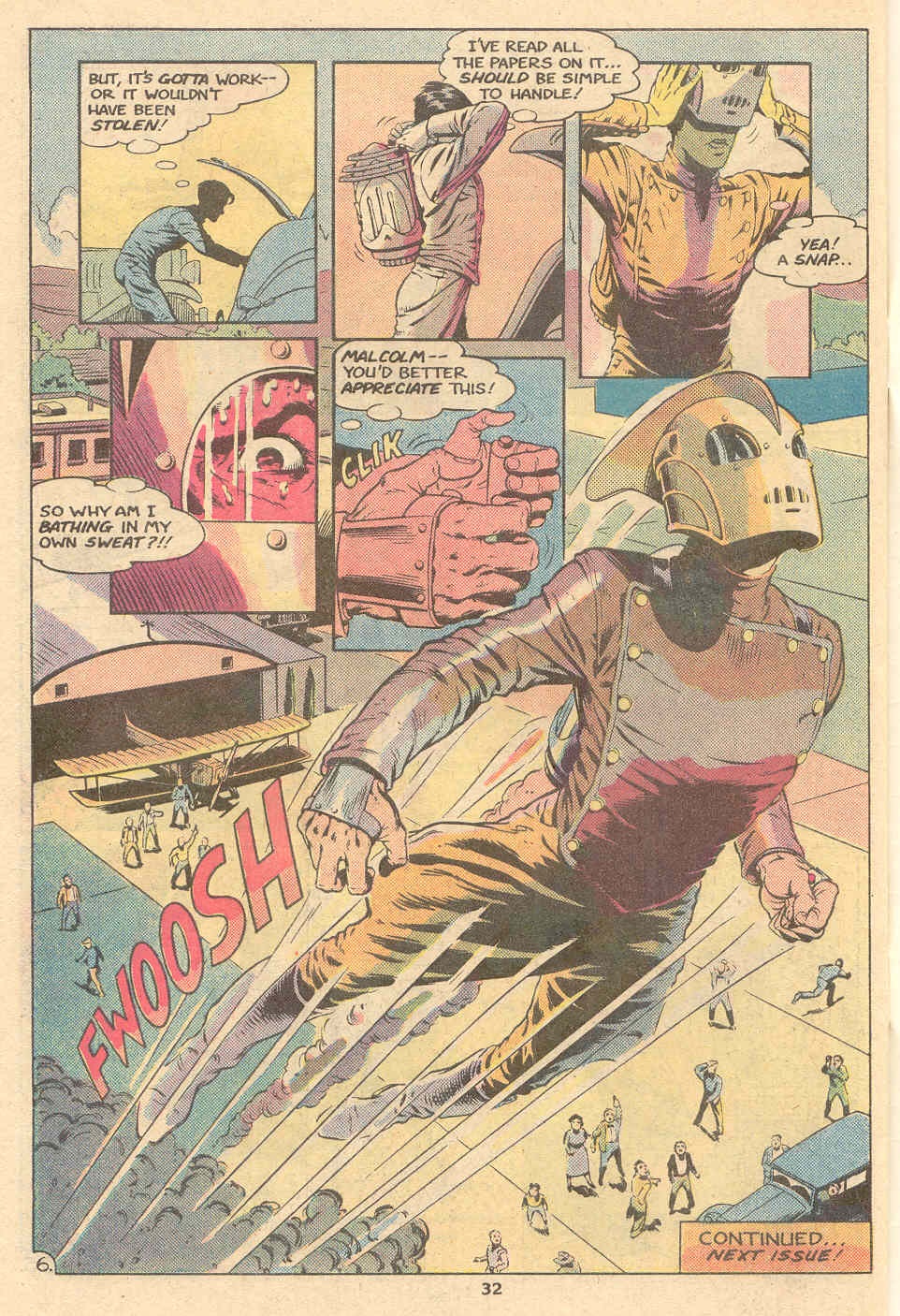 Final page of the first Rocketeer installment with the final panel showing the Rocketeer flying for the first time